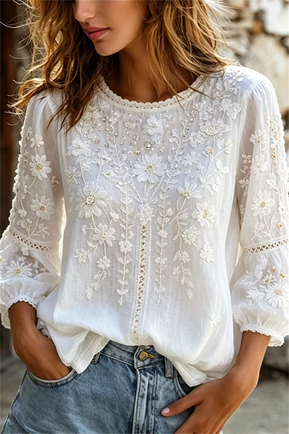 Women's White Daisy Floral Embroidery Round Neck Puff Three Quarter Blouse