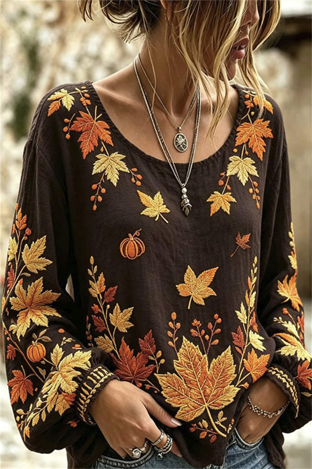 Women's Halloween Dark Brown Maple Leaf Pumpkin Print Round Neck Long Sleeve Blouse