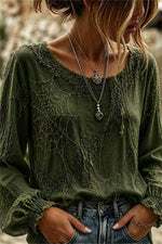 Women's Halloween Green Spider Web Print Round Neck Long Sleeve Blouse