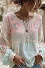 Women's Beige Floral Lace Fringe Round Neck Long Sleeve Drawstring Blouse