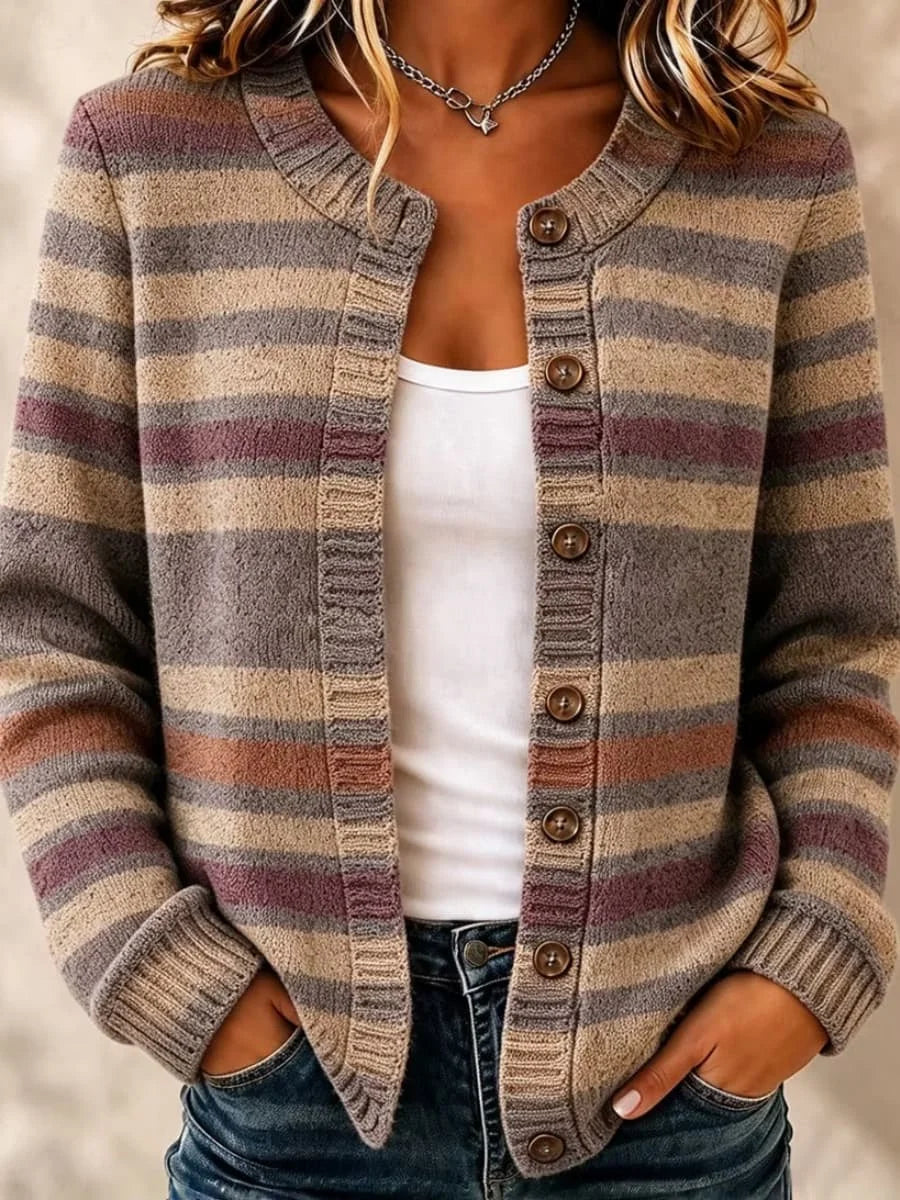 Women's Vintage Striped Print Knit Crew Neck Long Sleeve Cardigan