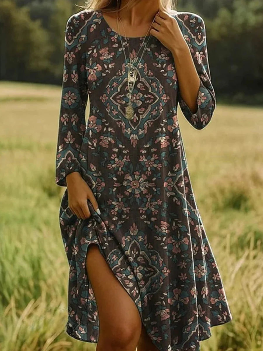 Vintage Floral Print Round Neck Long Sleeve Dress