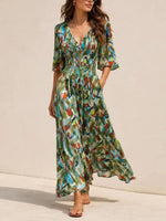 Abstract Floral Smocked Waist Ruffle 3/4 Sleeve Midi Dress