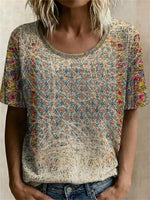 Vintage Floral Print Round Neck Short Sleeve T-Shirt