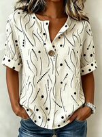 Beige Abstract Print Roll-Cuff V-Neck Short Sleeve Blouse