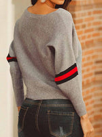 Round Neck Long Sleeve Boston Red Striped Gray Sweater