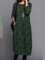 Green Casual Round Neck Solid Printed Long Sleeve Dresses