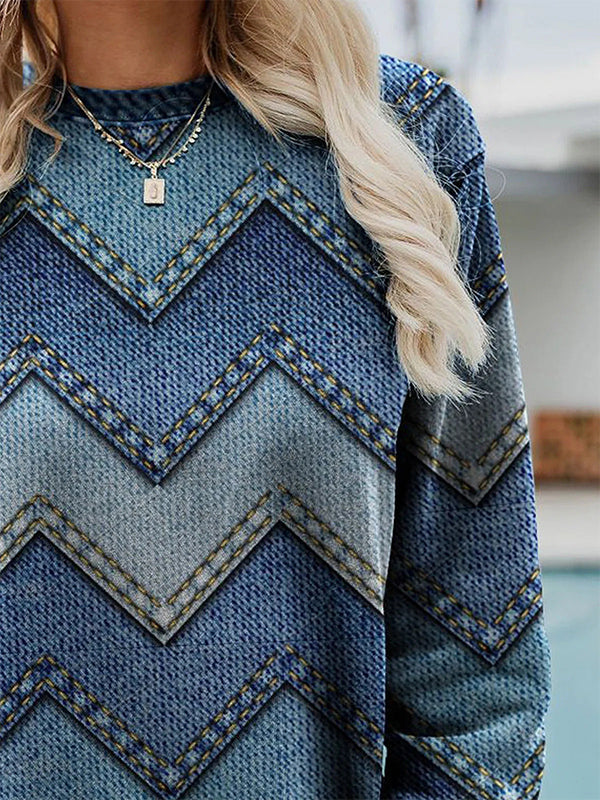 Blue Casual Round Neck Long Sleeve Geometric Printed Sweatshirts