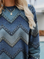 Blue Casual Round Neck Long Sleeve Geometric Printed Sweatshirts