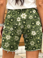 Ethnic-style floral and geometric pattern women's art print casual denim shorts
