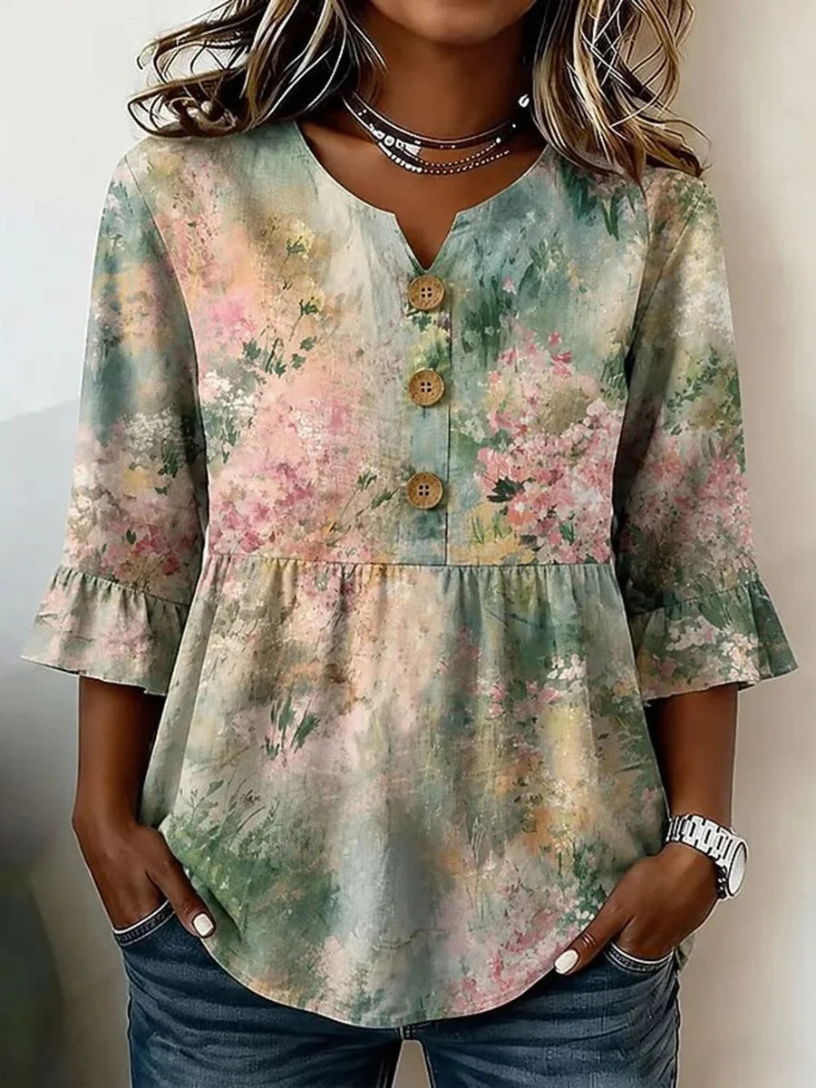 Pastel Watercolor Floral Ruffle Hem 3/4 Sleeve Blouse