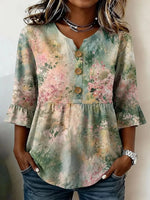 Pastel Watercolor Floral Ruffle Hem 3/4 Sleeve Blouse