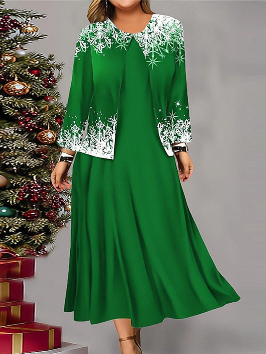 Snowflake Print Crew Neck Long Sleeve Two Piece Dress