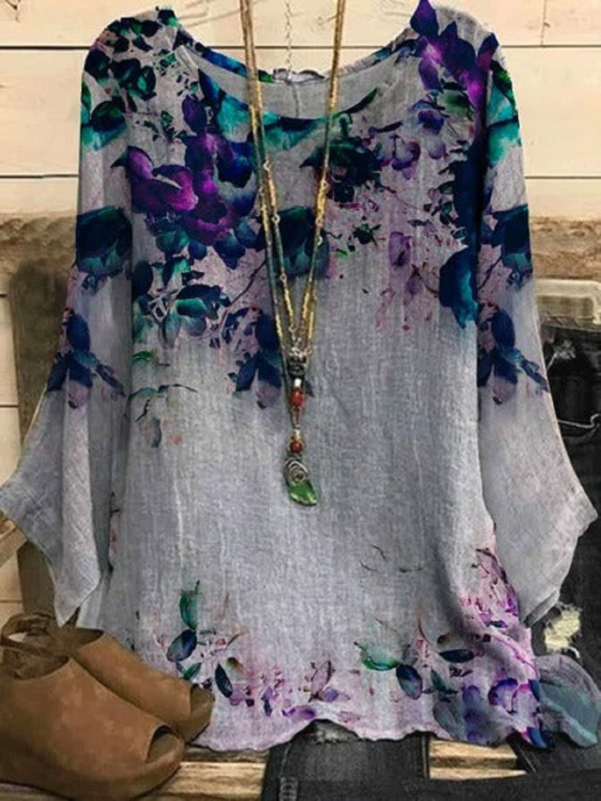 Multi Casual Round Neck Floral Printed Long Sleeve Blouse