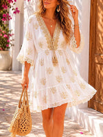 White Gold Embroidery Tassel Tie V Neck 3/4 Sleeve Ruffle Mini Dress