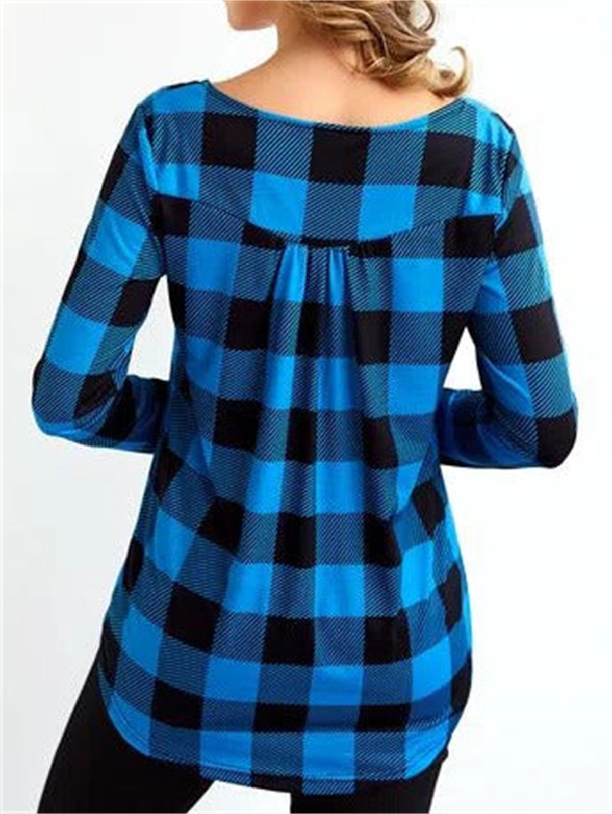 Blue Casual Round Neck Plaid Printed Long Sleeve Blouse