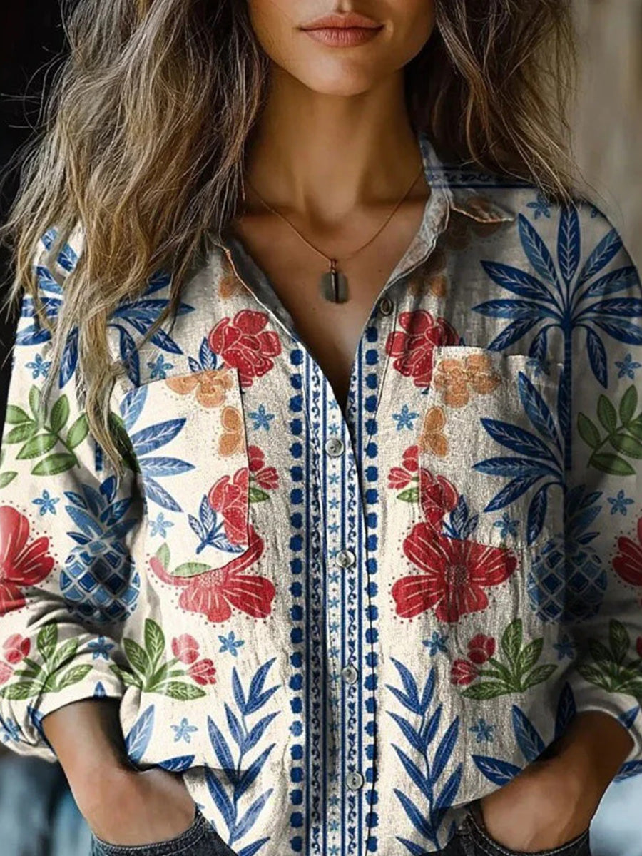 Vintage Floral Print Long Sleeve Blouse