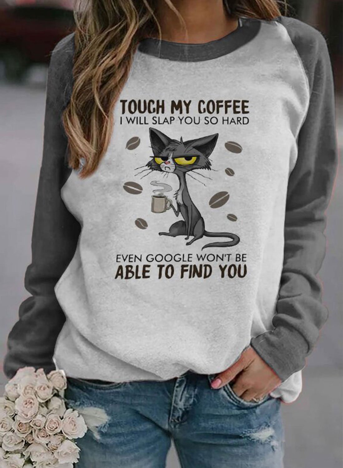 Women Cat Printed Round Neck Sweatshirt