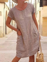 Round Neck Short Sleeve Pure Color Pocket Loose Dress