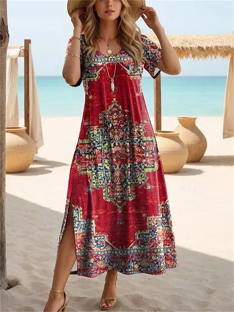 Women's Vintage Floral Print Round Neck Short Sleeve Dress