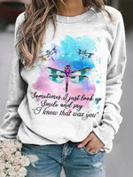 White Casual Graphic Tops Round Neck Dragonfly Printed Long Sleeve Sweatshirts