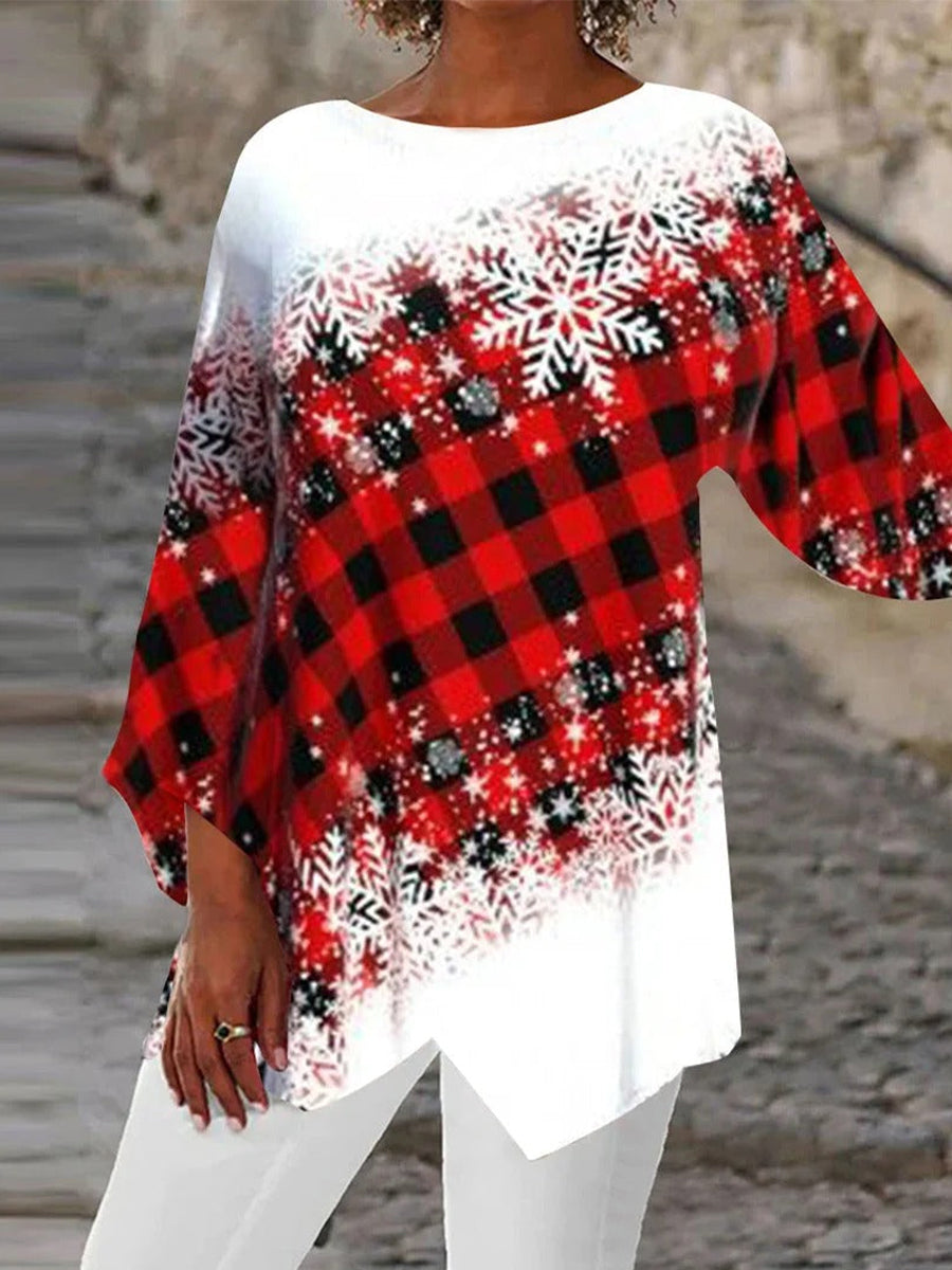 Asymmetrical 3/4 Sleeve Scoop Neck Snowflake Plaid Printed Lace Christmas Tops