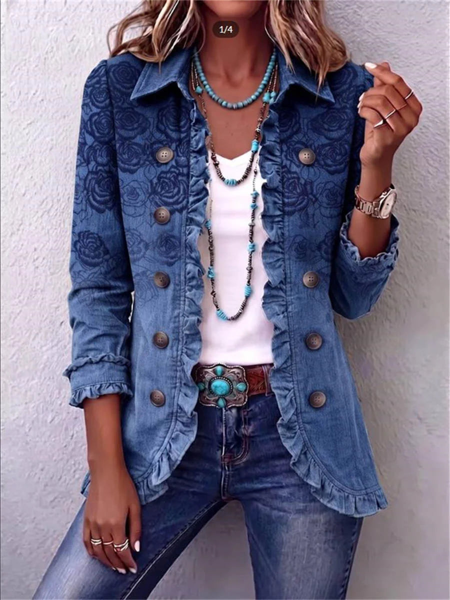Retro Blue Rose Gradient Print Ruffle Long Sleeve Jacket