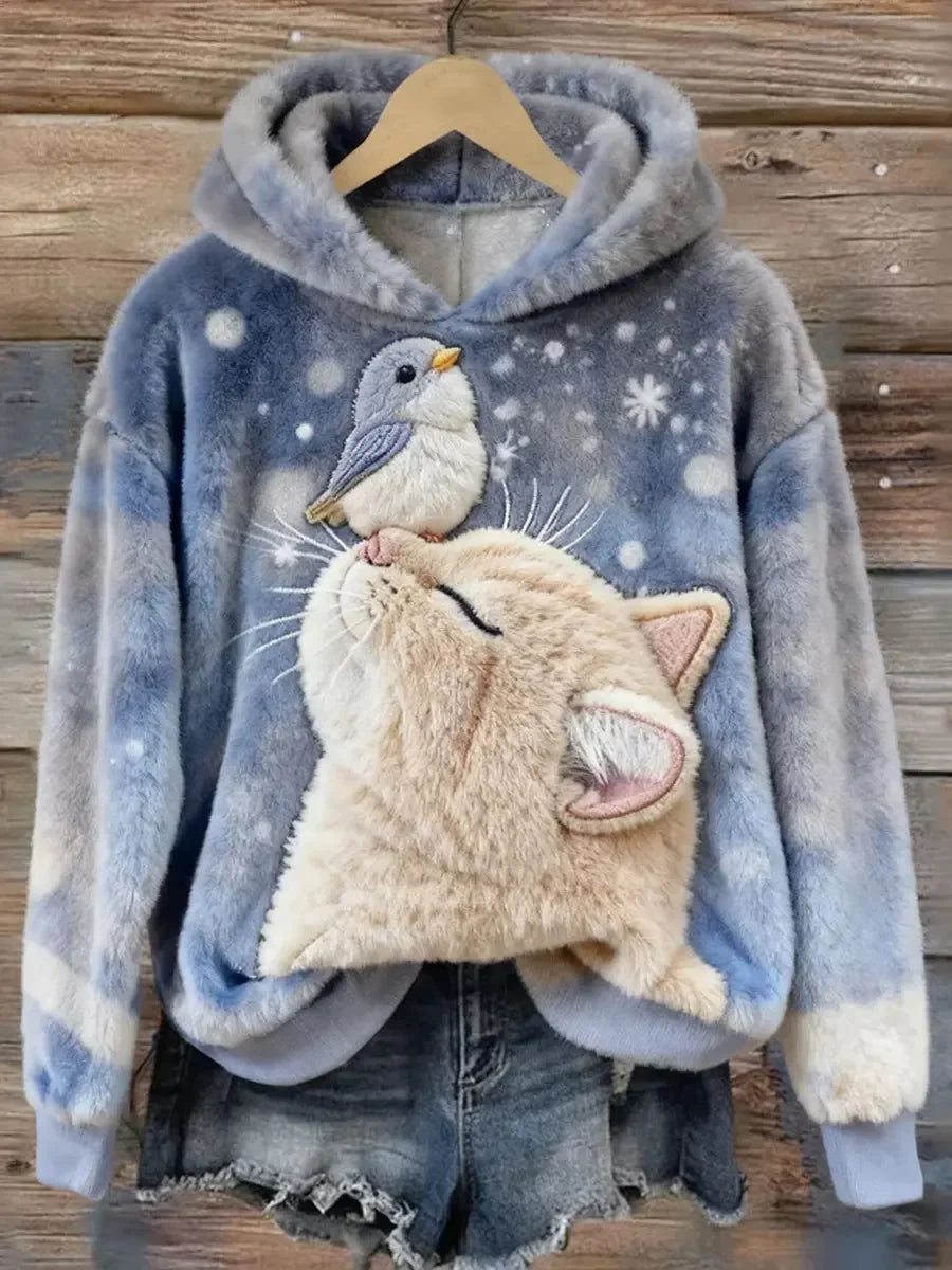 Women's Funny Cat Art Print Casual Velvet Hooded Sweatshirt