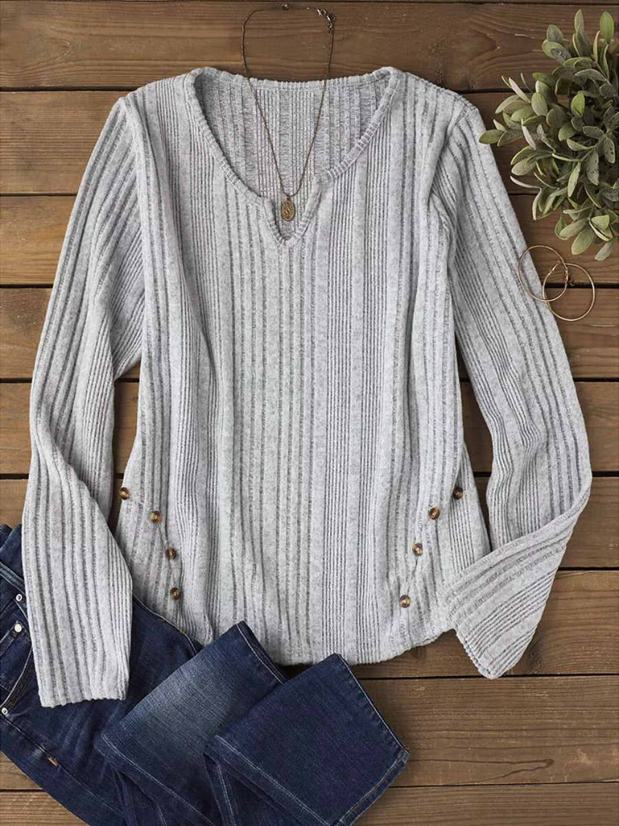 Button Plain Notched Neck Long Sleeve Blouse
