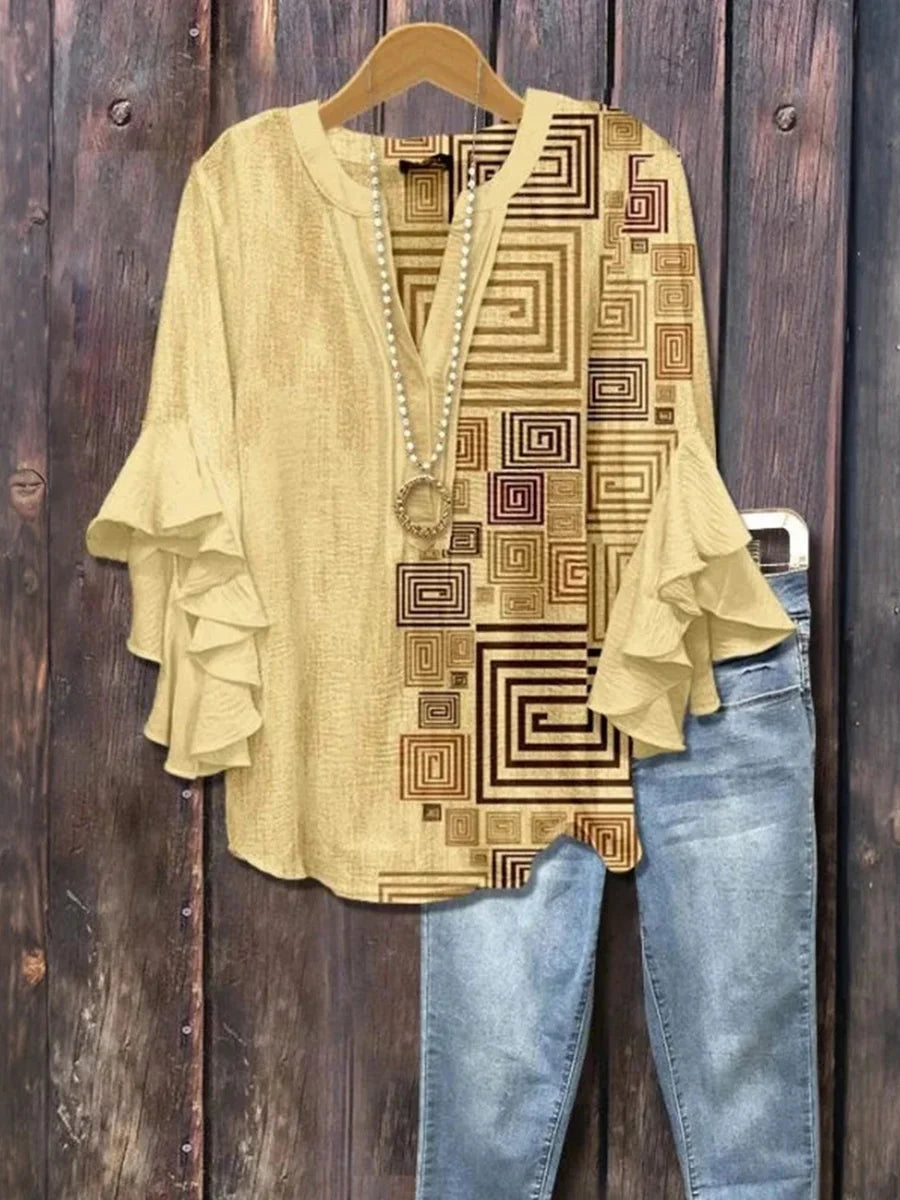 Vintage Geometric Print 3/4 Sleeve Blouse