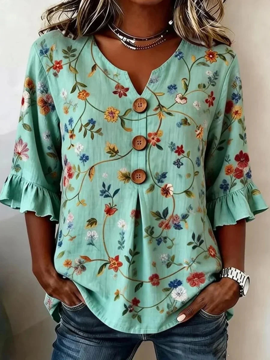 Mint Green Floral Print Ruffle-Sleeve V-Neck Blouse
