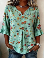 Mint Green Floral Print Ruffle-Sleeve V-Neck Blouse