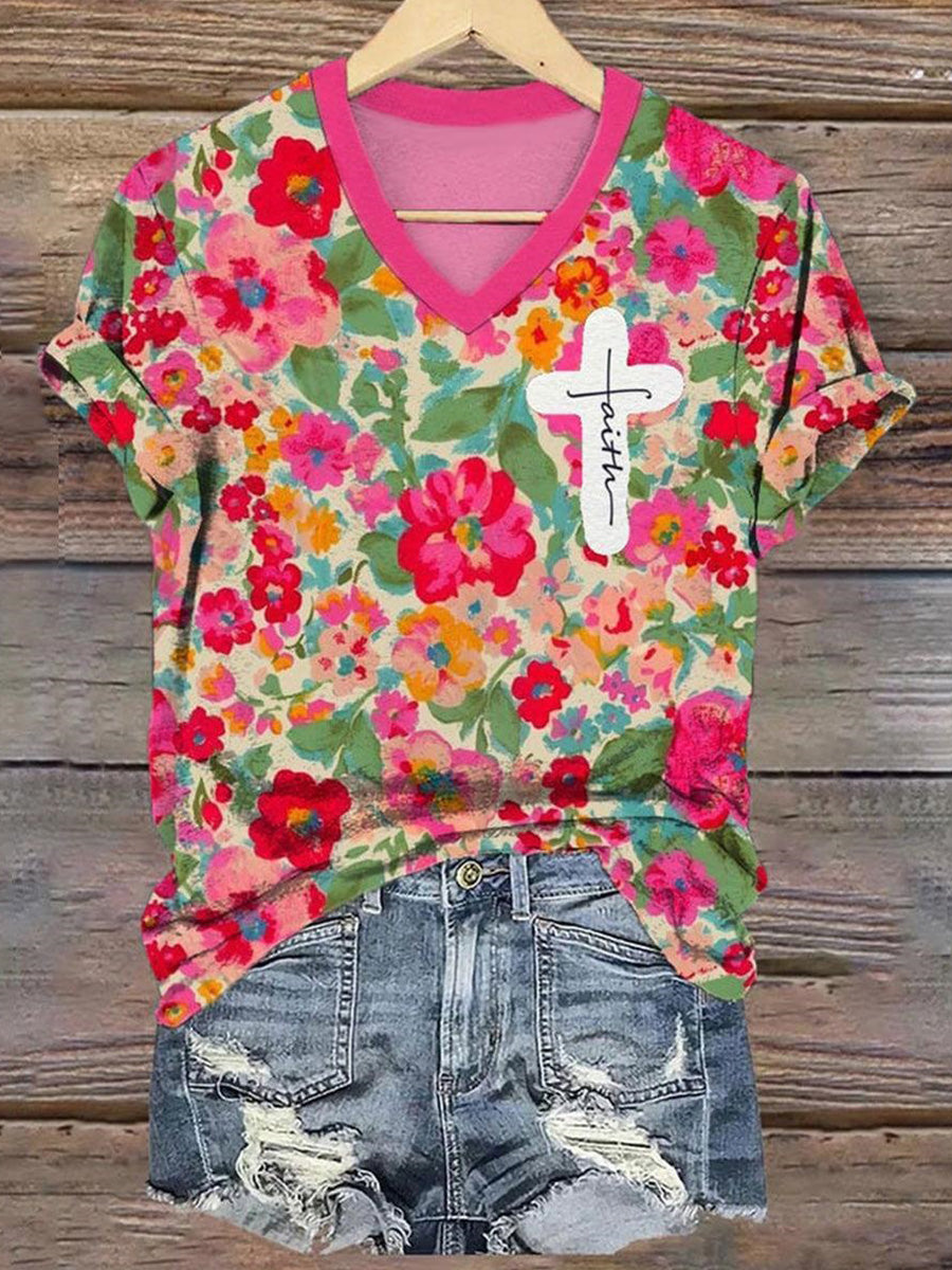 Sweet V-neck Short Sleeve Pink Top