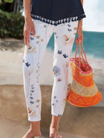 White Casual Floral Printed Vacation Leggings