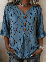 Blue Black Abstract Print 3/4 Sleeve Blouse