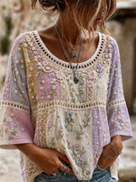 Crew Neck 3/4 Sleeve Floral Printing Regular Micro-Elasticity Loose Blouse For Women