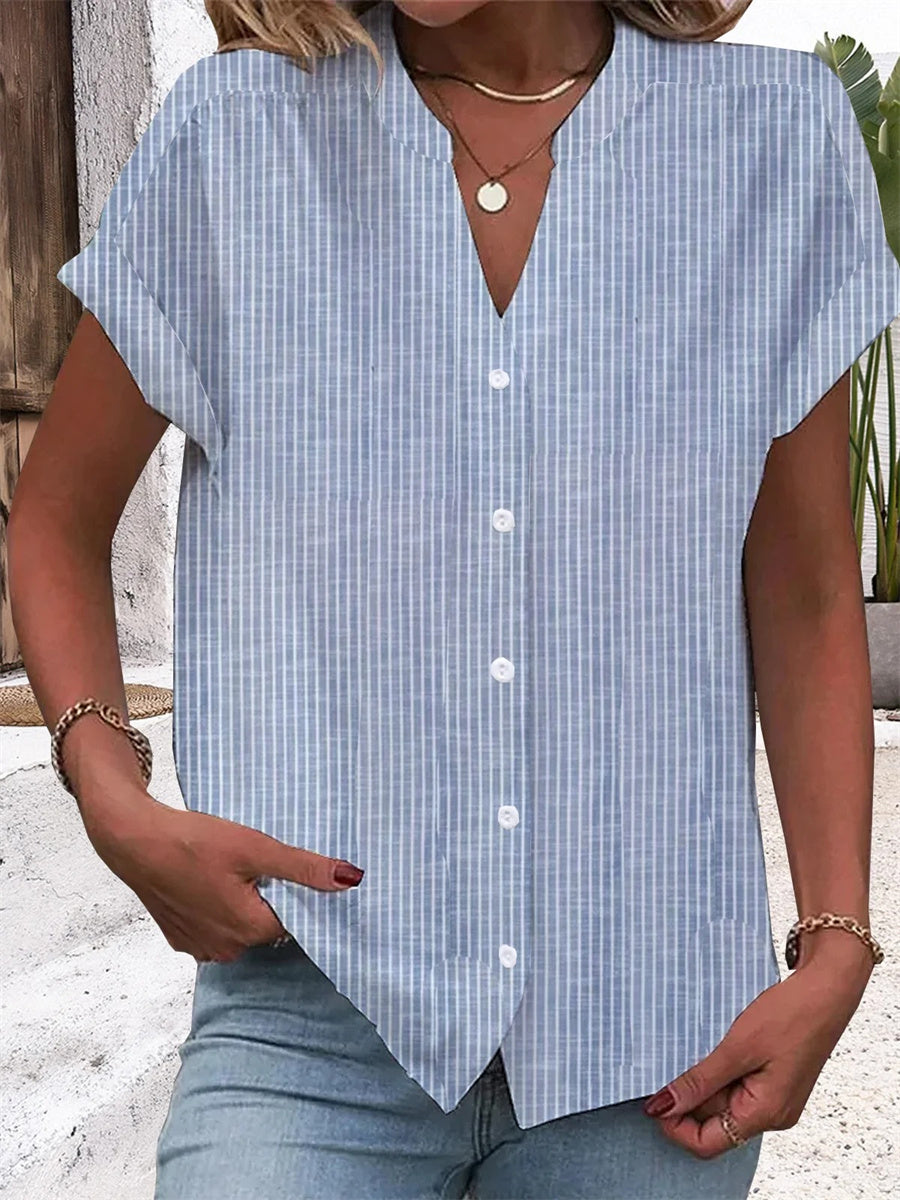 Blue Striped V Neck Short Sleeve Blouse