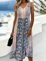 Blue Floral Boho V-neck Sleeveless Midi Dress