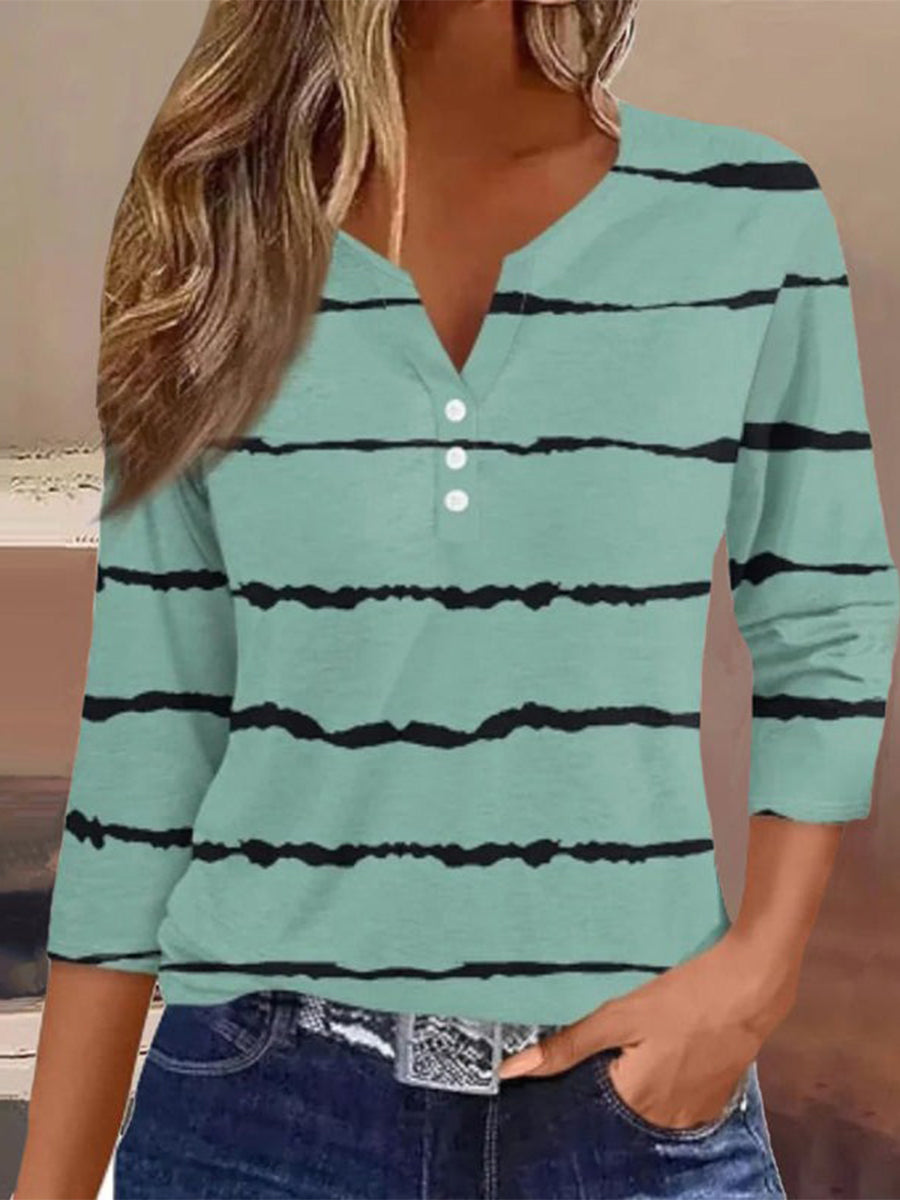 Green Vintage Striped V Neck Blouse