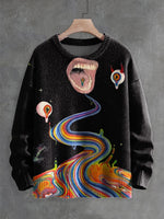 Multicolor Retro Fantasy Eyes Halloween Art Print Round Neck Long Sleeve Pullover Sweater