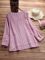 Side Buttons Stripe Cat Embroidered Patchwork Vintage Blouse