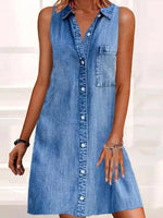 Washed Denim Button Front Sleeveless Mini Dress