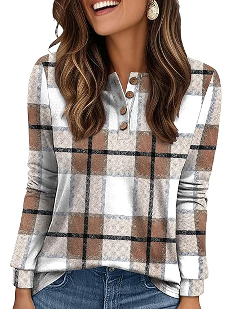 Casual Grid Printed Long Sleeve Crew Neck Blouse