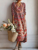 Vintage Ethnic Style V-neck Long Sleeve Dress