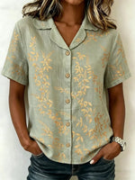 Vintage Leaf Print Short Sleeve Blouse