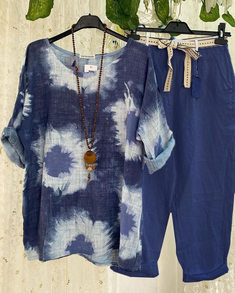 Blue Tie Dye Print Casual Two Piece Set