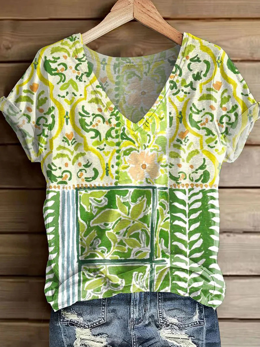 Green V-Neck Short Sleeve Top