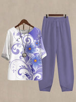 Light Purple Casual Round Neck Floral Printed Half Sleeve Two Piece Suit