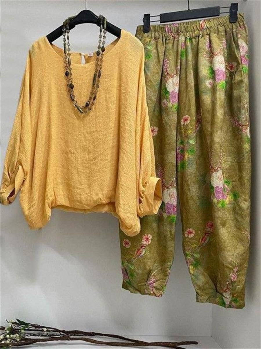 Yellow Casual Round Neck Printed Long Sleeve Outfit Sets
