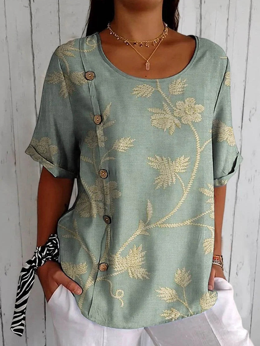 Vintage Floral Art Print Casual Cotton Shirt